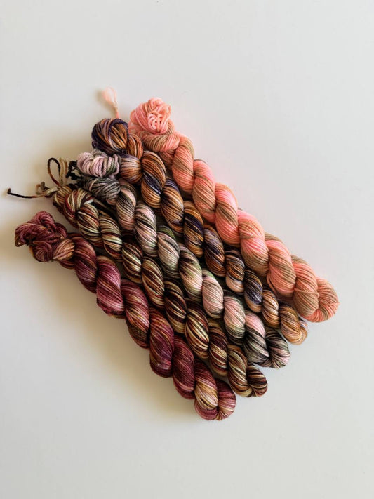 Hand Dyed Sock Yarn Mini Set | Fingering Weight Merino Nylon | 5×20g Mini Skeins |Wildflower Dusk 🌅| #1009