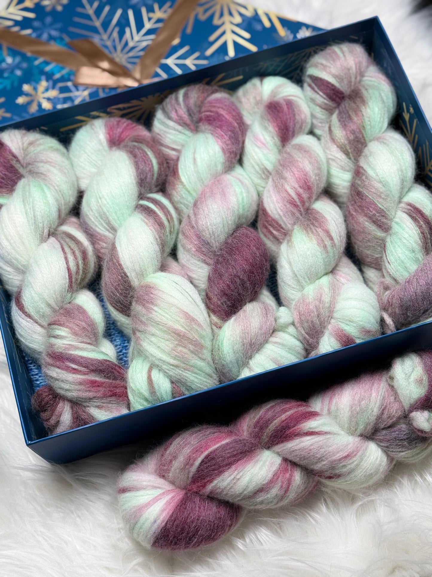 Hand dyed yarn • Minted Silence •
Veil of Air • Baby Alpaca Blend