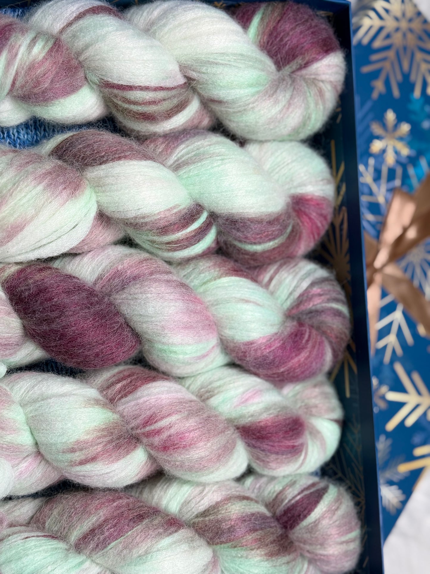 Hand dyed yarn • Minted Silence •
Veil of Air • Baby Alpaca Blend