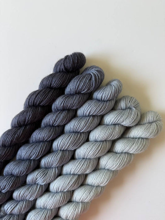 Hand Dyed Sock Yarn Mini Set | Fingering Weight Merino Nylon | 5×20g Mini Skeins | Silver Twilight 🌫️| #1005