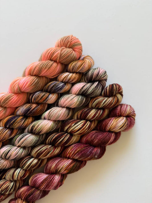 Hand Dyed Sock Yarn Mini Set | Fingering Weight Merino Nylon | 5×20g Mini Skeins |Wildflower Dusk 🌅| #1009