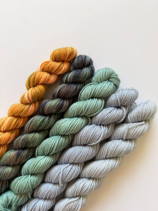 Hand Dyed Sock Yarn Mini Set | Fingering Weight Merino Nylon | 5×20g Mini Skeins |Moss & Sunrise 🌿| #1010