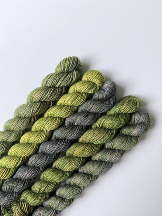 Hand Dyed Sock Yarn Mini Set | Fingering Weight Merino Nylon | 5×20g Mini Skeins | Moss Veil 🌿| #1018